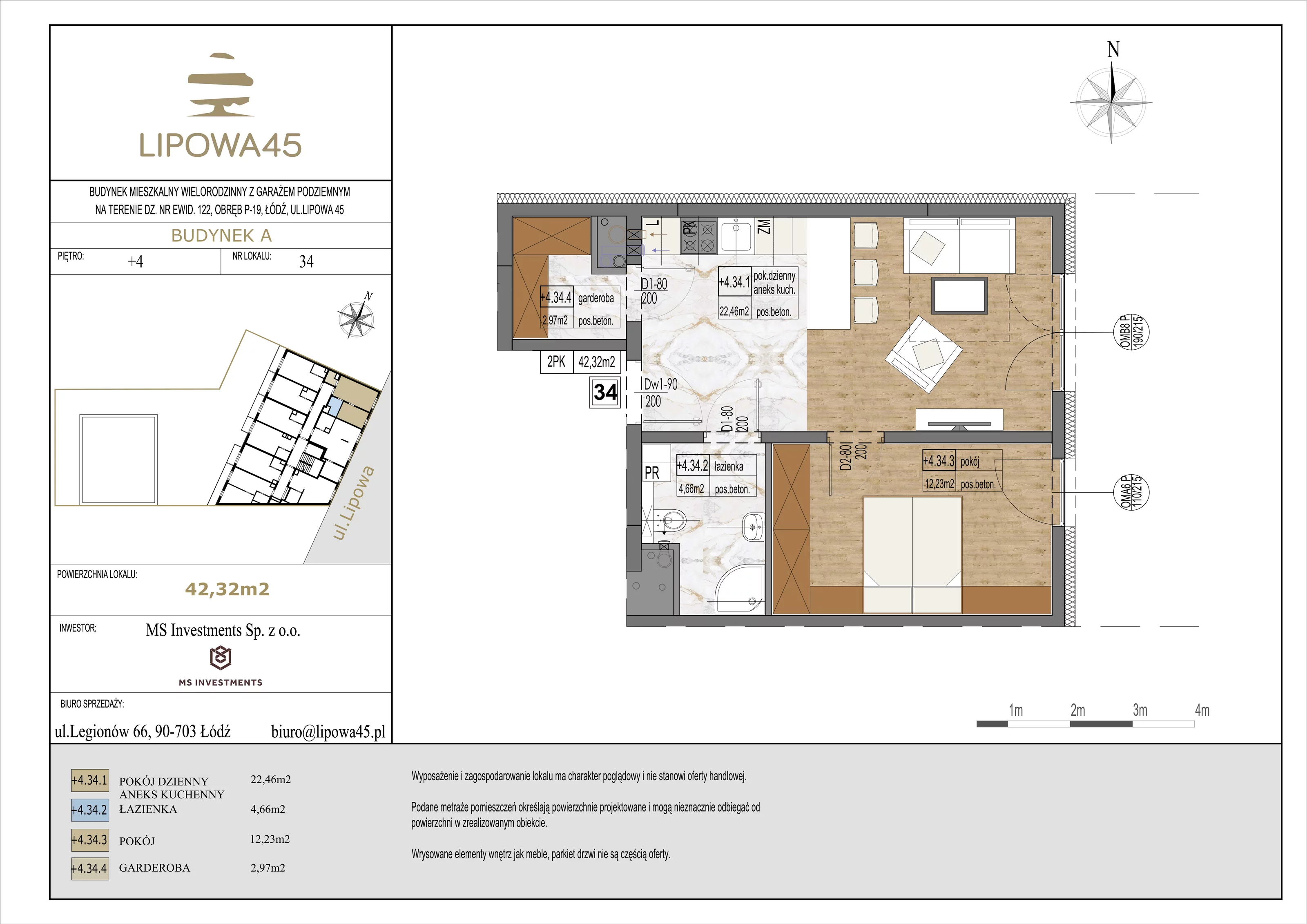 2 pokoje, mieszkanie 42,32 m², piętro 4, oferta nr 34, Lipowa 45, Łódź, Polesie, ul. Lipowa 45